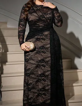 Vestido elegante de encaje negro de manga larga para tallas grandes, atuendo formal de invierno para cena de noche para mujer, vestido de lujo con vol - Shein - FashionsVida