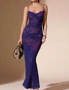 Vestido largo ajustado elegante para mujer, vestido maxi con camisola con estampado floral y con adorno de encaje XS - Shein - FashionsVida