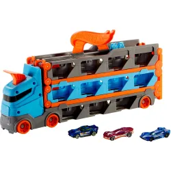 Camión de transporte convertible en pista para coches de juguete