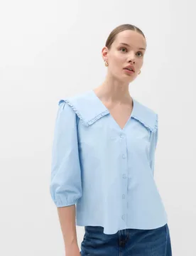 Pure Cotton Frilled Sailor Collar Shirt Pale Blue female - M&S - FashionsVida