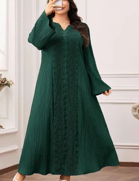 Vestido largo elegante de estilo árabe con cuello en V, manga larga y parches de encaje para mujer de talla grande 1XL - Shein - FashionsVida