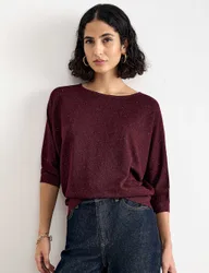 Sequin Slash Neck Batwing Sleeve Jumper Burgundy female