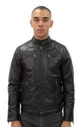 Mens Moto Biker Jacket-Taiwan - Black Nappa Leather - Size Small