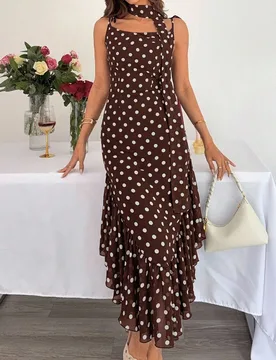 Vestido de invitada de boda de verano Vestidos para luna de miel y vacaciones en la isla 2025 Vestido largo con lunares sin tirantes con bufanda desmo - Shein - FashionsVida