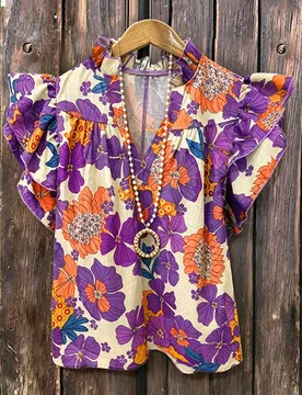 Una camisa floral de cuello en V con pliegues y mangas fluidas de gran tamaño, perfecta para vacaciones de verano 3XL - Shein - FashionsVida