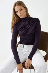 Womens High Collar Drape Detail Blouse - Purple - Size X-Large