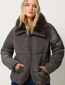 Women's Tall Faux Fur Collar Padded Coat in Brown Size: 14 - Brown - Size: 14 - Long tall sally - FashionsVida
