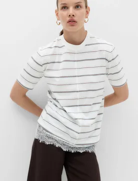 Pure Cotton Lace Hem T-Shirt White Mix female - M&S - FashionsVida