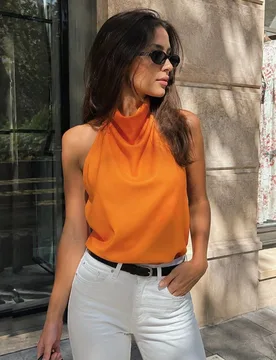 Top sin mangas de satén para mujer, estilo Y2K, moda callejera linda, top sin espalda amarillo para verano casual XS - Shein - FashionsVida