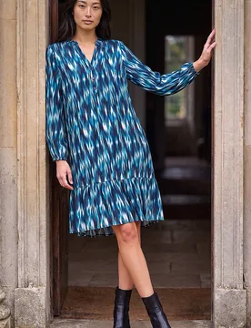 Women's Petite Ikat Print Tiered Hem Dress in Teal Size: 14 - Teal - Size: 14 - Roman - FashionsVida