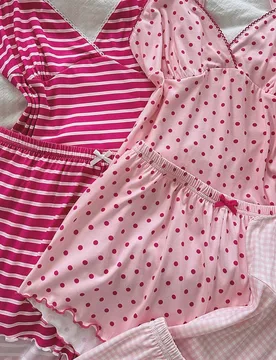 Conjunto de pijama de 3 piezas para mujer con camisola y shorts, estampado surtido de cuadros azules, lunares y rayas, corte slim fit, a juego para me - Shein - FashionsVida