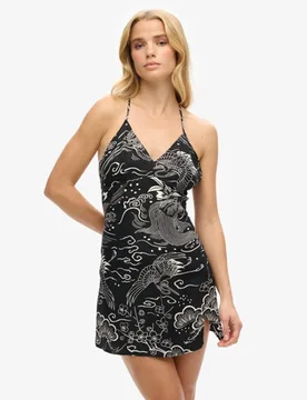 Superdry Damen Mini-trägerkleid mit Print Schwarz - Größe: 44 - 79.99 - FashionsVida