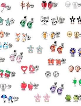 Korean Kids Stainless Steel Frog Ladybug Animal Earrings Cute 30 Pairs Flower Mushroom Heart Stud Earring Set for Girls - Aliexpress - FashionsVida