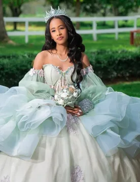 Light Green Quinceanera Dress off-shoulder Crystal Flower Decal Lace Layering Long tail vestidos de 15 Quinceanera ﻿Customize - Aliexpress - FashionsVida