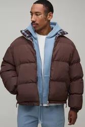 Herren Kastenförmig Geschnittene Wendbare Karo- Und Nylon-Stehkragen-Steppjacke Chocolate Größe Small