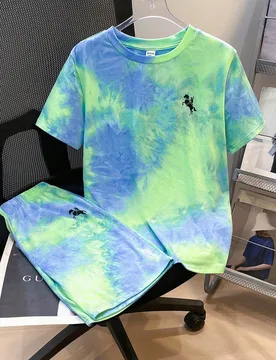 Set de 2 piezas de camiseta de manga corta holgada de cuello redondo y pantalones cortos de punto con estampado de teñido anudado básico y cómodo p - Shein - FashionsVida