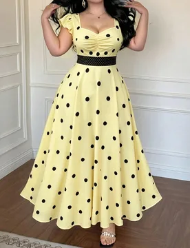 Vestido retro francés con lunares, vestido de mujer con cintura ceñida, cuello cuadrado y mangas abullonadas con cinturón, verano 4XL - Shein - FashionsVida