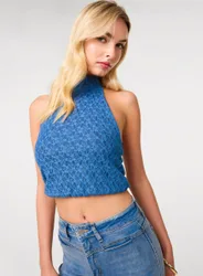 Womens Lace Halter Neck Top - Blue - Size Large