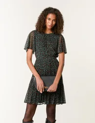 Leopard Print Mesh Crew Neck Mini Dress - L / KHAKI - female