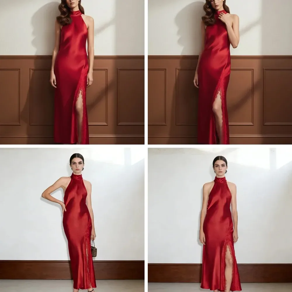 Elegant Off Shoulder Satin Gown with Lace Patchwork, Backless Split Long Dress for Dinner Holiday - Aliexpress - FashionsVida
