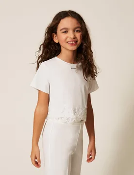T-shirt avec dentelle et logo - TWINSET - FashionsVida