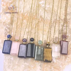 Rectangle Amethyst Lapis Perfume Bottle Pendant Necklaces,Rose Quartz Crystal Essential Oil Diffuser Vial Charms Chains Jewelry