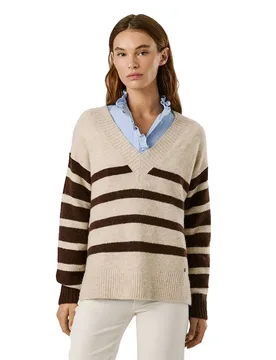 Maglione Con Scollo A V Cecil Stripe Dark Ecru White L - Pepe jeans - FashionsVida