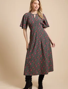 Women's Red Ditsy Lace Insert Keyhole Angel Sleeve Midi Dress in Floral Size: 8 - Floral - Size: 8 - Dorothy perkins - FashionsVida