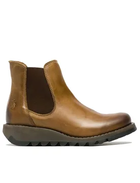 Women's Fly London SALV Chelsea Leather Ankle Casual Wedge Heel Boots in Camel Size: 4 - Camel - Size: 4 - Infinity Leather - FashionsVida
