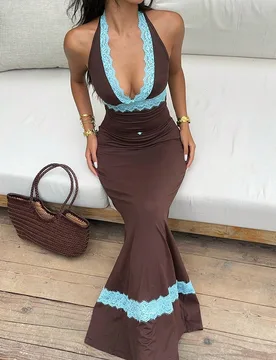 Conjunto de 2 piezas de top halter sin espalda con cuello en V de punto elástico marrón combinado con encaje azul y falda de cola de pez, para mujer - Shein - FashionsVida