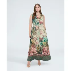 Vestido largo acampanado con estampado sin mangas con cintura definida y falda amplia de silueta fluida