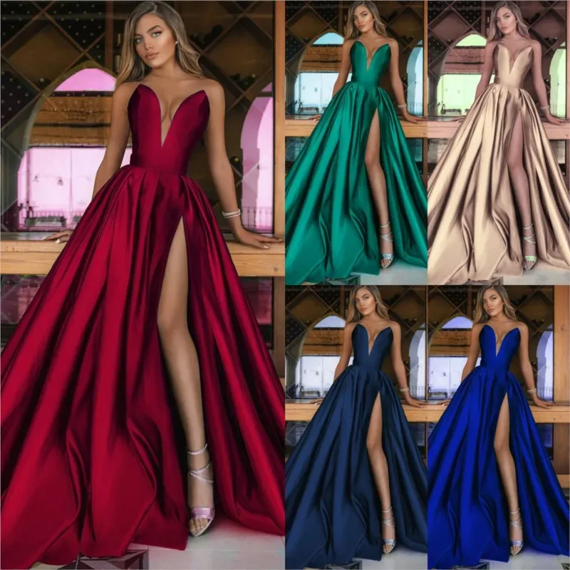 A new elegant dress with deep slit in multiple colors and large hem - Aliexpress - FashionsVida