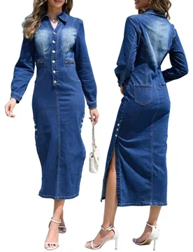 Spring Autumn Women's Denim Long Sleeve Dress Fashion Personalized Split Detail New Arrival - Aliexpress - FashionsVida