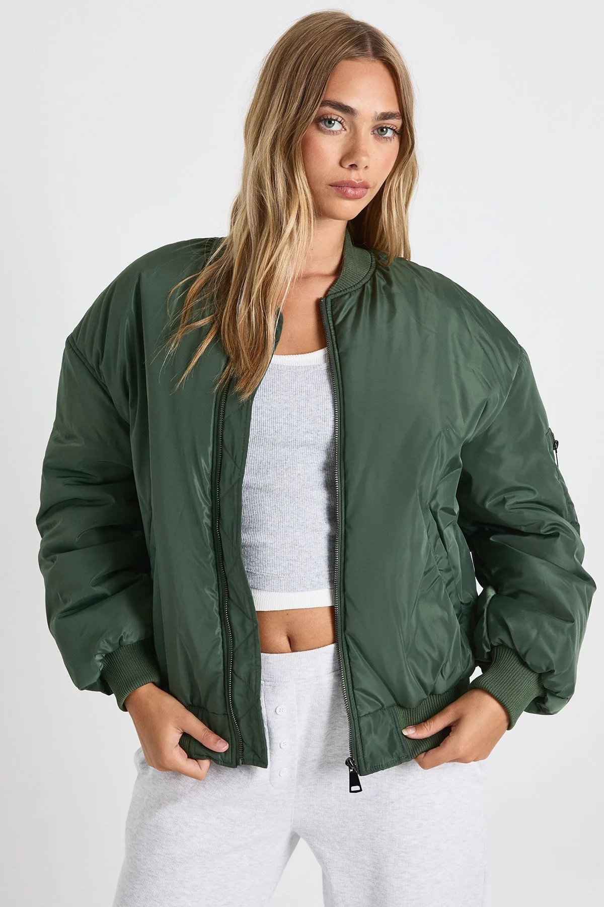 Womens Oversized Bomber Jacket - Khaki - Size 14 Uk - Boohoo - FashionsVida