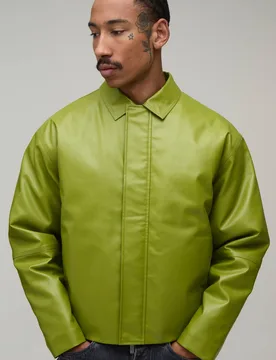 Herren Kastige Geschnittene Harrington-Jacke Aus PU Mit Paneeldetails Green Größe Medium - boohooMAN - FashionsVida