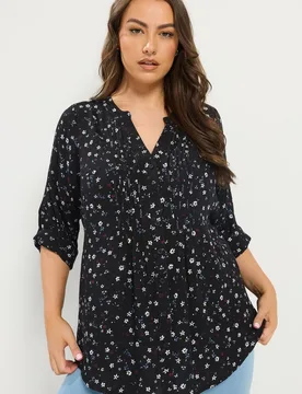 Women's Floral Pintuck Top in Black Size: 22-24 - Black - Size: 22-24 - Yours - FashionsVida