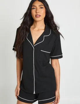Womens Tall Jersey Piping Detail Short Sleeve Shirt & Shorts Pyjama Set - Black - Size 16 Uk - Boohoo - FashionsVida