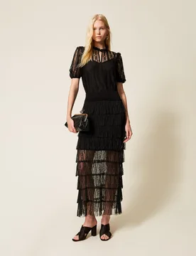 Jupe longue en maille et dentelle plumetis - TWINSET - FashionsVida