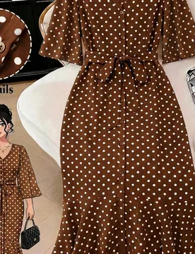 Vestido largo elegante francés con cuello en V, manga 3/4 y lunares para otoño 2XL - Shein - FashionsVida