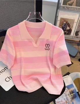 Camiseta polo de manga corta de punto de verano para mujer, con rayas de contraste y bordado casual en rosa L - Shein - FashionsVida