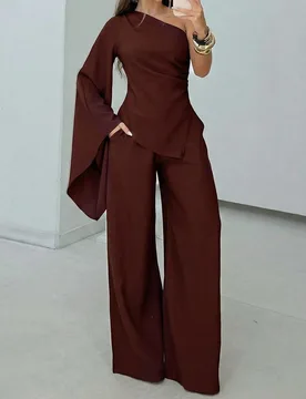 Conjunto de 2 piezas de top con hombro asimétrico y manga fruncida en color rojo-marrón elegante y pantalones de pierna ancha para mujer, de moda y - Shein - FashionsVida
