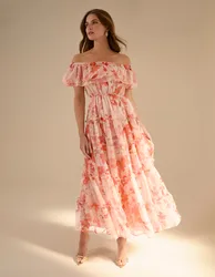 Luxe Off The Shoulder Frill Maxi Dress - M / PINK - female