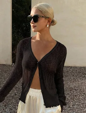 Cardigan corto de unicolor, holgado, con cuello en V, manga larga, ribete de encaje, semitransparente, top ligero de mujer con frente abierto para vac - Shein - FashionsVida