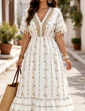 Vestido de verano de manga corta con estampado floral blanco para mujer de talla grande, suelto, elegante, gótico casual, con dobladillo de flecos, c - Shein - FashionsVida