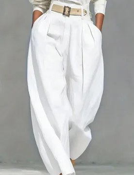 Pantalones casuales sueltos con bolsillo con cremallera y pliegues de unicolor para mujer (cinturón no incluido) Primavera Blanco S - Shein - FashionsVida