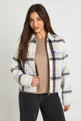 Womens Check Zip Wool Look Jacket - Blue - Size 12 Uk