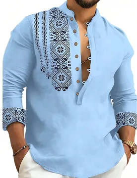 Camisa versátil de manga larga con cuello alto, media abotonadura, unicolor y estampado, para hombre, estilo casual y de moda, para primavera/otoño, - Shein - FashionsVida