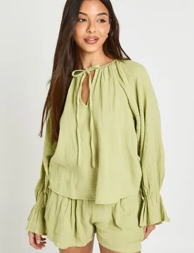 Womens Cheesecloth Milkmaid Blouse And Short Co-Ord - Green - Size 8 Uk - Boohoo - FashionsVida
