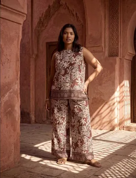 Printed Wide Leg Trousers Brown Mix female - Live Unlimited London - FashionsVida
