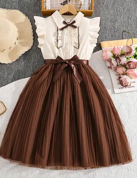 Vestido de malla con manga de lazo elegante para niñas, estilo académico casual para el verano 12Y - Shein - FashionsVida